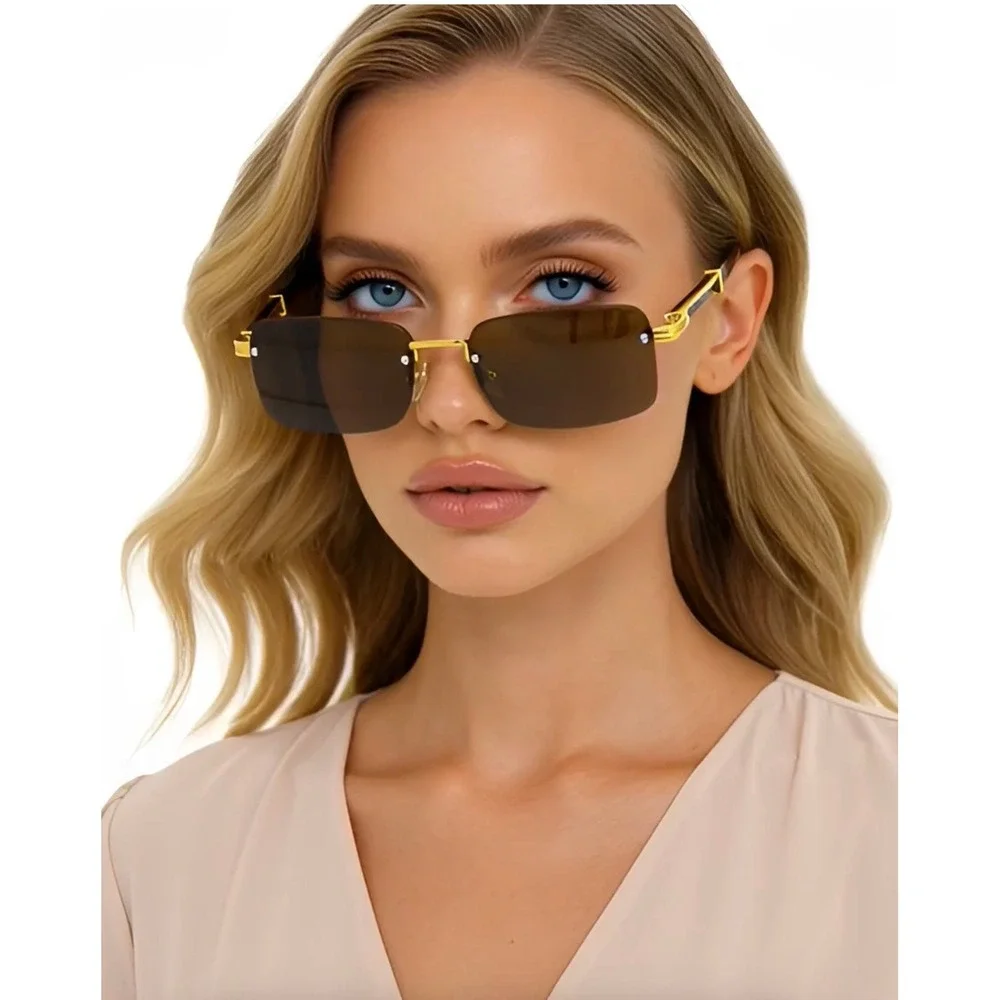 Women‎ Luxury Trendy Classy Gem Cut Brown Tint Gold Frame Rectangle Sunglasses